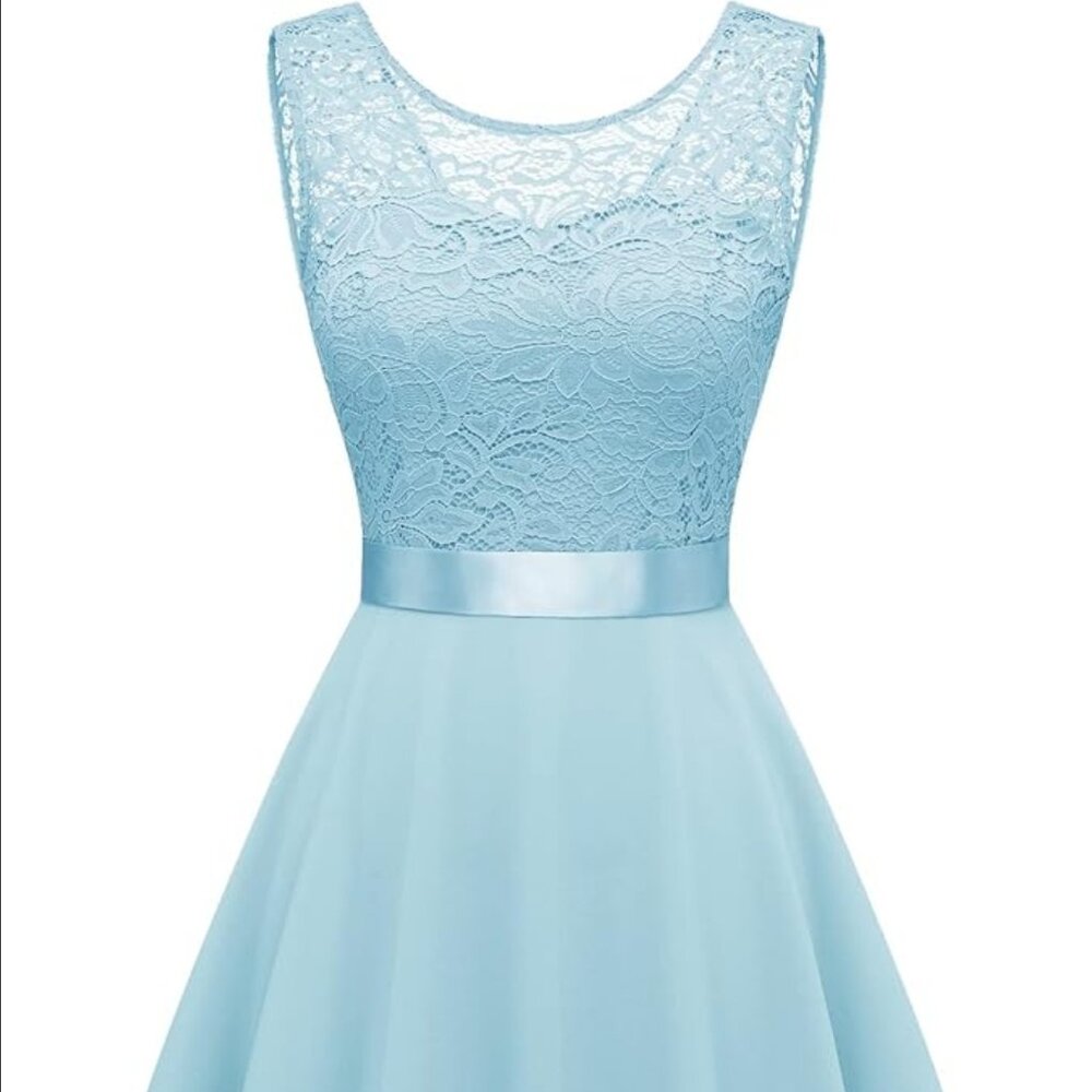 Pastel Baby Blue Lace & Chiffon Easte Dress – Sleeveless Scoop Neck Satin Waist